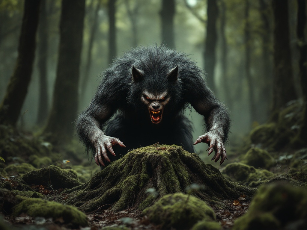 A man transforming into a werewolf in the middle of a funeral inside forest.