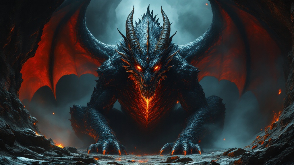Create a hyper-realistic image of a massive, menacing dragon perched inside a dark, smoke-filled cave. Its scales shimmer like molten obsidian—black with veins of glowing red lava pulsing beneath the surface. The dragon’s eyes burn like molten gold, intelligent and sinister, staring directly at the viewer with unsettling awareness. Its horns curl backward like charred bone, and its wings are tattered yet powerful, with glowing embers tracing along the membrane. Sharp claws grip the rocky terrain, and smoke coils from its nostrils. The air around it is distorted by heat, and faint reflections of past battles flicker across its scales like haunting memories. The cave is dim, lit only by the dragon’s inner fire, casting ominous shadows on the jagged walls. This creature is more than a beast—it’s a manifestation of fear, shame, and power.