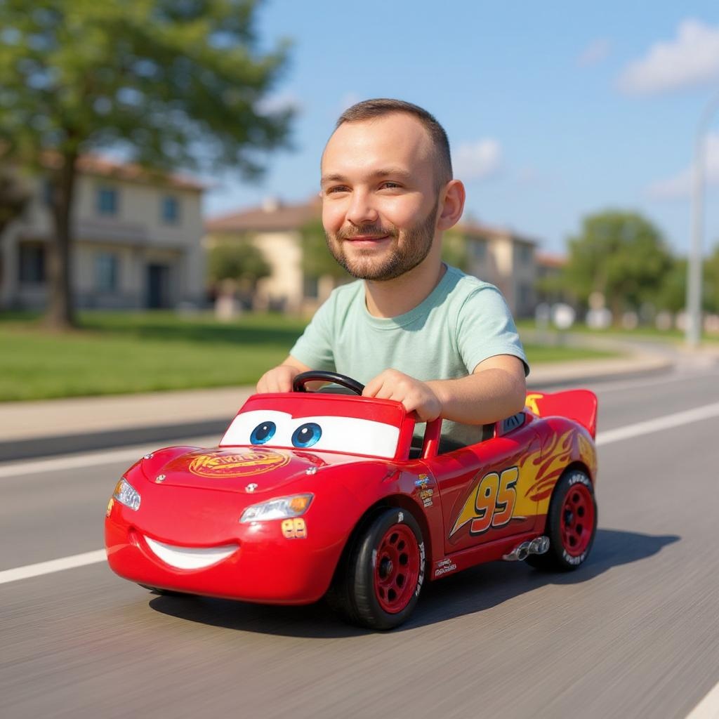 Make him driving the toy car