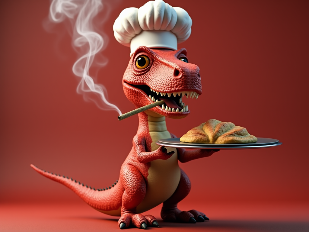 A animated red shade/color T-Rex dinosaur smoking a joint with a chef hat holding a baking tray in realistic hd 4k resolution 