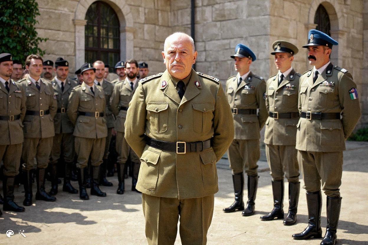 Early 1900s Italian military gathering in a courtyard, Gabriele D’Annunzio in olive-green military uniform, short four-pocket jacket with epaulettes, black leather belt, cavalry breeches tucked into tall polished black boots, hands on hips, chest forward, head slightly raised, determined expression, shaved head with slight shadow of hair. To his right, four officers in matching uniforms and tall black boots, wearing blue-visored peaked caps, one with tricolor stripes on the sleeve, others with hands together or at sides, standing erect. To his left, a dense group of soldiers in olive uniforms, some wearing black or blue berets, some with ties, various facial hair, arms crossed or hands behind backs, all focused on D’Annunzio. Background: stone wall with tall arched windows, lush green vegetation on the left side catching daylight. Natural soft daylight from above, cinematic hyperrealism, rich deep colors, realistic military greens, warm skin tones, subtle film grain, ultra high resolution, ARRI Alexa 65, 50mm lens, f/4, shallow depth of field, sharp focus on foreground, slightly blurred background