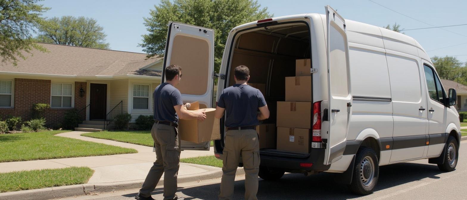 Two professional movers are loading cardboard boxes into a white moving van on a sunny day in a residential neighborhood. 
The movers are wearing simple work clothes (T-shirt and work pants), and the boxes are neatly stacked. The scene looks realistic, with good lighting and natural colors. 