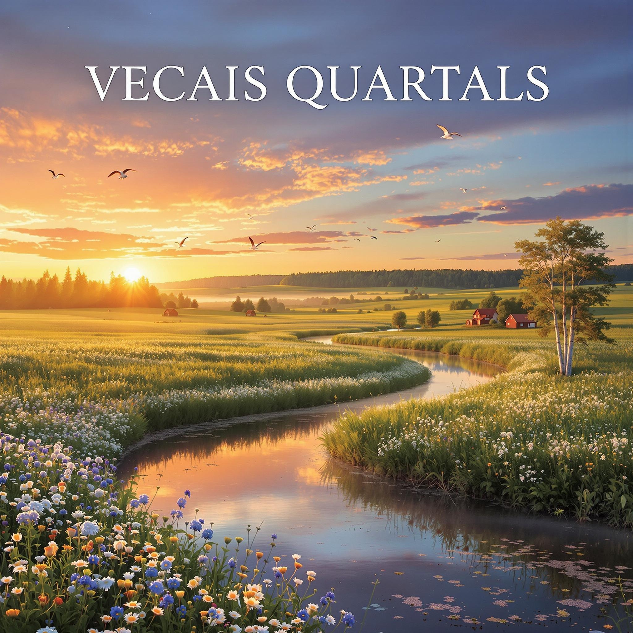 **Image Description for VECAIS QUARTALS – "BALLE" Album Cover (Latvian Nature)**  

A breathtaking depiction of Latvia’s natural beauty during midsummer, capturing the serene and uplifting spirit of the album. The cover showcases a lush Latvian meadow stretching toward a horizon of gentle, forested hills. The scene is painted in the warm, golden glow of a setting sun, with soft light streaming through scattered birch trees, their silvery-white trunks standing proudly against the greenery.  

In the foreground, a winding river reflects the vibrant colors of the sunset—orange, pink, and gold—its calm waters framed by clusters of blooming wildflowers native to Latvia, including blue cornflowers, daisies, and buttercups. Mist gently rolls along the riverbank, creating a mystical atmosphere as it blends into the twilight.  

The distant landscape features Latvia’s iconic rolling fields, dotted with traditional wooden farmhouses and haystacks, while a flock of storks flies gracefully across the sky. Above, the expansive sky shifts from golden hues to deep blue, with the first stars beginning to twinkle.  

The band’s name, **VECAIS QUARTALS**, is displayed at the top in bold, clean serif lettering, reminiscent of carved wood to evoke the region’s cultural traditions. The album title, **"BALLE,"** is positioned near the bottom, written in an elegant, flowing script, as if dancing along with the curves of the river. This design highlights the timeless charm and natural elegance of Latvia, perfectly complementing the joyous and heartfelt themes of the music.