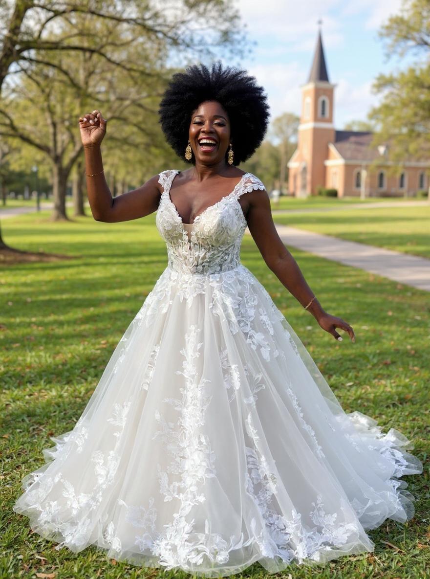 Black 35 years old woman with golden earrings and afro hair in the park near the church in south Louisiana happily dancing