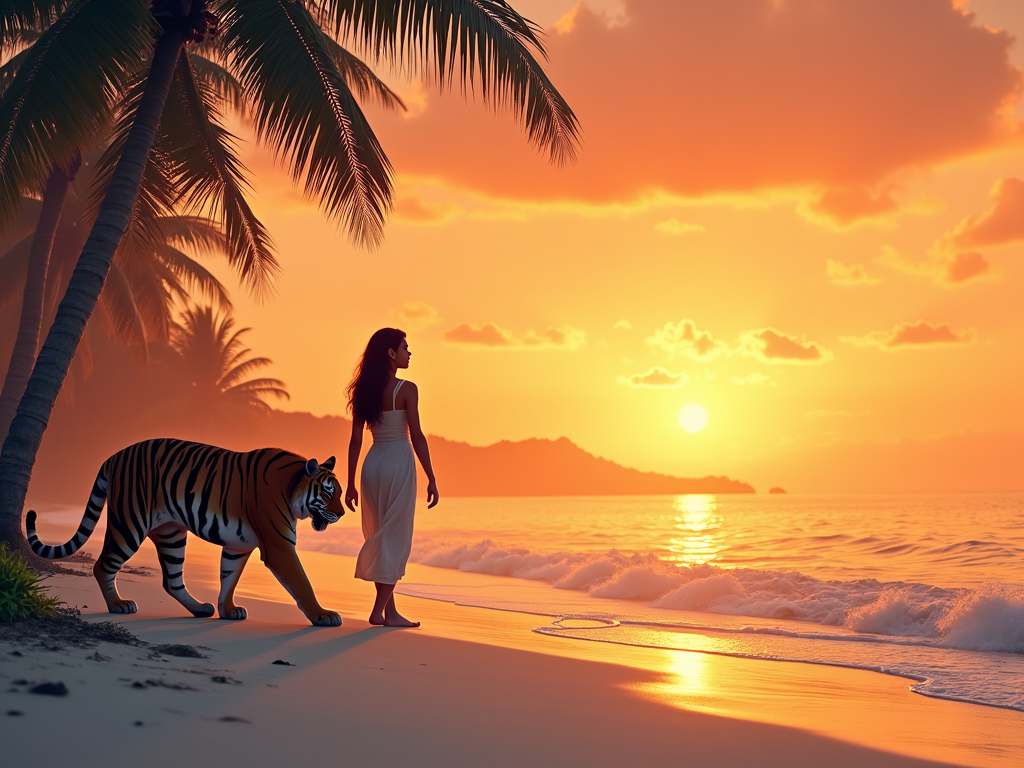 A serene Thai girl strolls along a pristine beach, her silhouette illuminated by a vibrant sunset. Beside her, a majestic tiger pads softly on the white sand, palm trees swaying gently in the warm breeze, reflecting a tranquil, harmonious atmosphere.