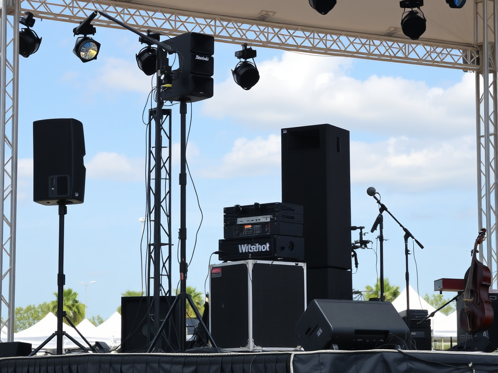 an-outdoor-sound-system-set-up-on-stage-faknktkb94