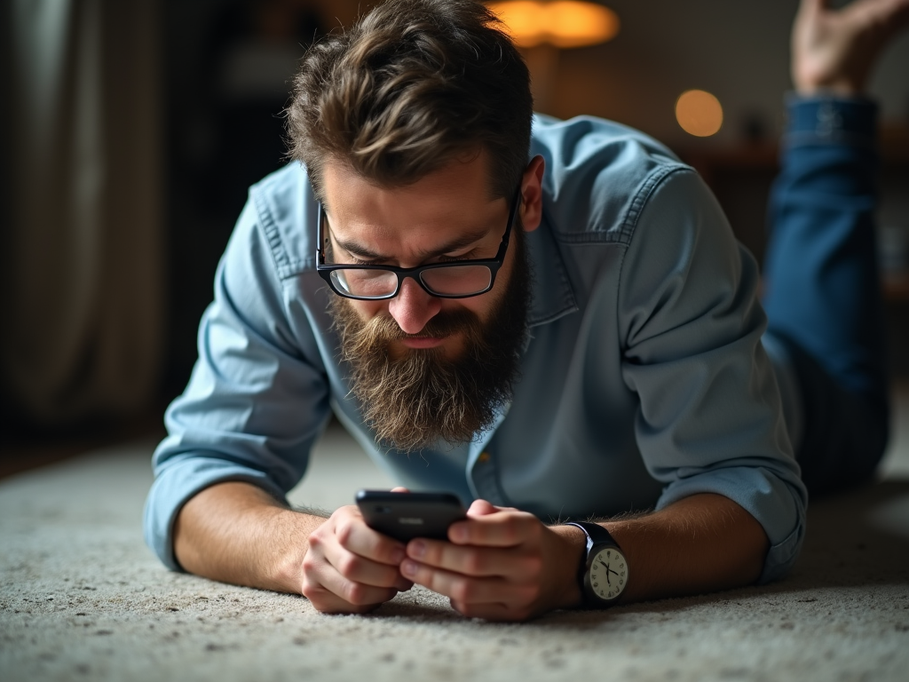 A man with a professor's beard is lying on his stomach on the floor and working with a mobile phone