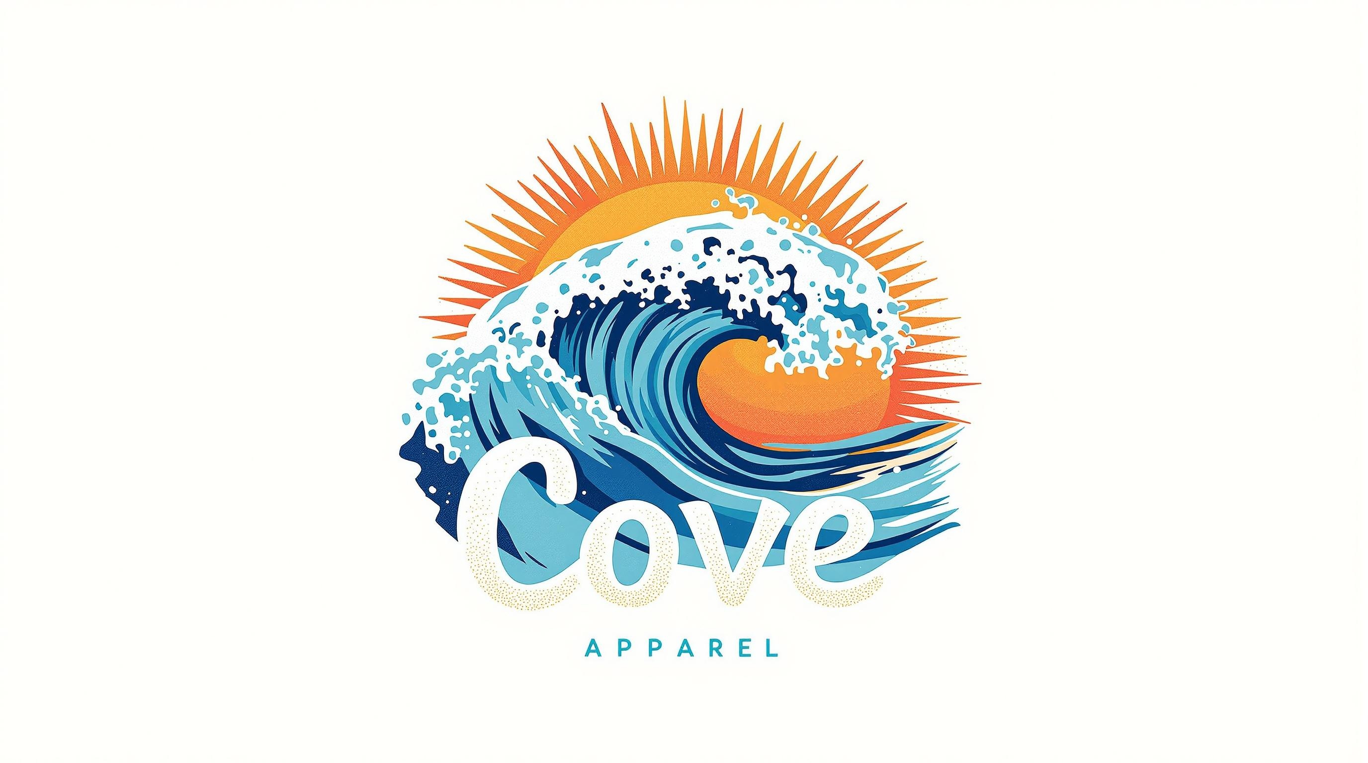 Create a striking logo for "Cove" Apparel, featuring fluid, dynamic waves that intertwine with a radiant sun, casting warm hues of sunset oranges and ocean blues. Incorporate soft sand textures, evoking a sense of coastal adventure. The playful yet clean typography should reflect the youthful spirit of active beachgoers and families, harmonizing with the organic design. Emphasize sustainability through earthy elements, creating an inviting atmosphere that resonates warmth and inclusivity. This logo will enhance websites, social media, clothing tags, and promotional materials, forging a strong brand identity deeply connected to the coastal lifestyle.