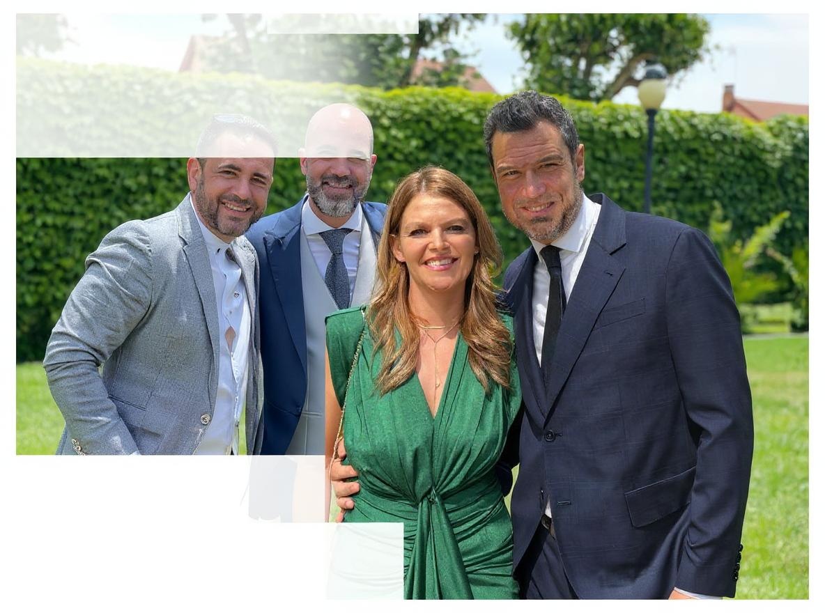 Edit Image 1, which shows four people at a wedding. Remove the bride and groom who are positioned in the center of the image. Then, insert the two people from Image 2 into the empty central space in Image 1. Ensure that the lighting, scale, and perspective of the two individuals from Image 2 are adjusted to seamlessly blend into the setting of Image 1. You should return the first image edited with the second