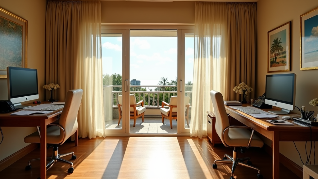 The spacious study is part of a penthouse on a tropical resort. The doors to the roof terrace are open and the sun shines through the net curtains. In the study is a desk of two by one meter with a computer screen on one corner, and a lot of papers.