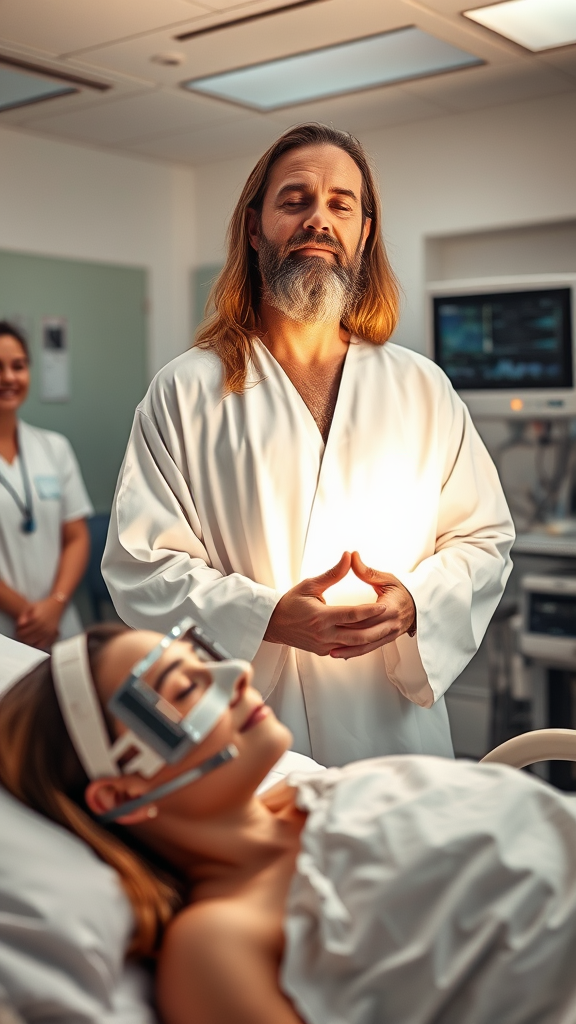 The image features a well-lit scene in a modern hospital environment, with monitors and medical equipment visible in the background. In the foreground, a patient is lying in a hospital bed, covered in white sheets. She wears a medical device similar to a mask or shield over her eyes, looking up.

In the center of the image, there is a man with long hair and a well-groomed beard, dressed in a white tunic. He has his eyes closed and his hands joined in a gesture of prayer, slightly tilting his head down, radiating a warm and soft light that illuminates his face and hands.

In the background, further to the left, a woman also dressed in white, a nurse, observes the scene with a gentle smile and an expression of serenity. The environment in general is clean and organized, with an atmosphere of peace and spirituality reinforced by the elements and lights in the composition.