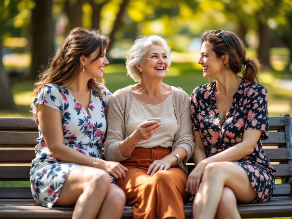 A three mature attractive female friends 50 years, pear figure, sitting on bench at park. It's a hot summer day, they are happy chating. They wear 7 inch platform high heel wedge sandals.