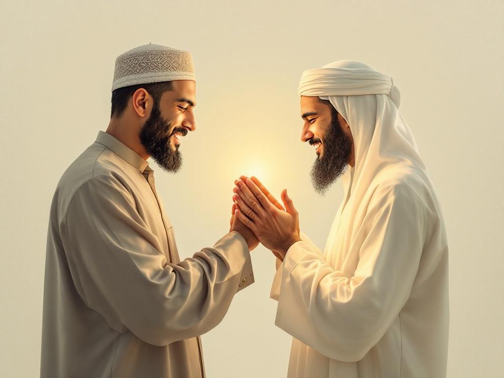A two Muslim Asian man, holding both hand seeking forgiveness on Eid Mubarak; a plain, subtly textured off-white background, bathed in soft, warm light, conveying serenity and heartfelt reconciliation; photorealistic style with a touch of painterly softness, evoking traditional Islamic art.
