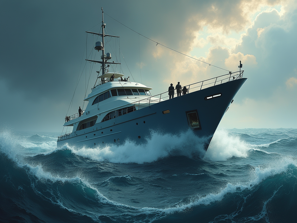 create an image of a painting in which a small modren government yacht is sailing through a storm with agents standing on deck, helping the sailors. 
