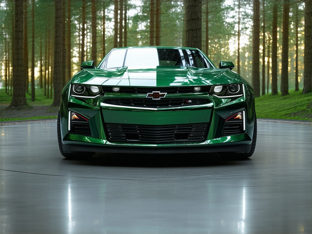 The front End of a Forest Green, Future car with classic style 2035, Chevrolet Chevelle Sport Coupe, Parking inside the car showroom, photorealistic image, digital rendering, trending in automotive magazines, shining black and red, sleek style, future design model, fan favorite, captured in a high-end setting, vibrant, detailed, shot  by Canon DSLR, 35mm lens, 16K HD