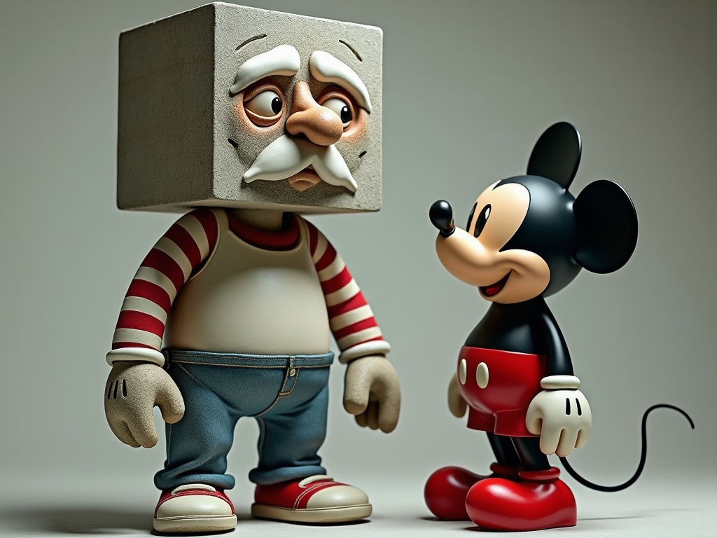 Create a hyper-realistic image filled with a variety of unusual and unsettling elements. Here’s a detailed description:

 1. **Characters**: 

The central figure is an imaginary character whose head and torso are combined in the shape of a cube-shaped concrete block, which is the character’s central and only body part. The front face of the block looks like the face on a statue. It has facial features— brow, brown eyes, nose, mouth, and white mustache. The left, right and underside of the block are the character’s torso, so the character’s arms extend from the sides of the block and his legs extend from the bottom of the block. The arms are wearing red and white striped sleeves. The legs are wearing denim pant legs and red sneakers. 

The block character looks old, weary and exhausted. He has a resigned, apathetic expression on his face as he stares off to the side.

Standing next to the central figure is a shiny plastic version of Mickey Mouse. He’s about the same height as the cube-shaped character.  Mickey Mouse smiles as he stares admiringly at the block. 

A third figure in the scene has a long, thin face, red glasses, and a star on his outfit, resembling a parody of a military figure or superhero. 

In the background of the scene is a shadowy figure wearing a Viking-like horned helmet, adding an element of menace or mystery to the scene.

 2. **Setting and Environment**: - The setting is a stage set that appears to be a rundown industrial room, filled with random, scattered objects like bowling pins, a rotary telephone, and various tools and containers. The room seems cluttered and disorganized, contributing to the chaotic atmosphere. - There is a large “DANGER” sign in red at the top left, emphasizing the unsettling nature of the environment. - On the right side of the image, a clock shows the time as12:30, and a lit neon “EXIT” sign in red is visible. These elements suggest an environment that might be abandoned or hazardous. - The walls and surroundings appear worn, with signs of decay and neglect, such as peeling paint and exposed wires or pipes. 

3. **Atmosphere**: - The overall tone of the image is dark, with a mix of familiar cartoon-like figures placed in an unsettling context. - The color palette is a blend of muted and vivid tones, which adds to the surreal and disorienting feeling of the scene. Overall, the image portrays a dystopian environment where characters are placed in a chaotic, unsettling setting. The combination of these elements creates a powerful visual experience. The scene is cast in dramatic theatrical lighting, with a spot light on the central character.
