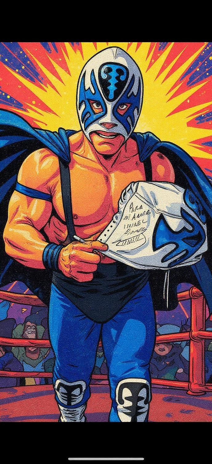 Transform into a comic book style art A vibrant Comics-style hero, powerfully posed within a brightly lit lucha libre ring, muscles tensed, cape billowing;  intense, dynamic action;  a chaotic, colorful explosion of energy;  a gritty, comic book aesthetic;  random style. 