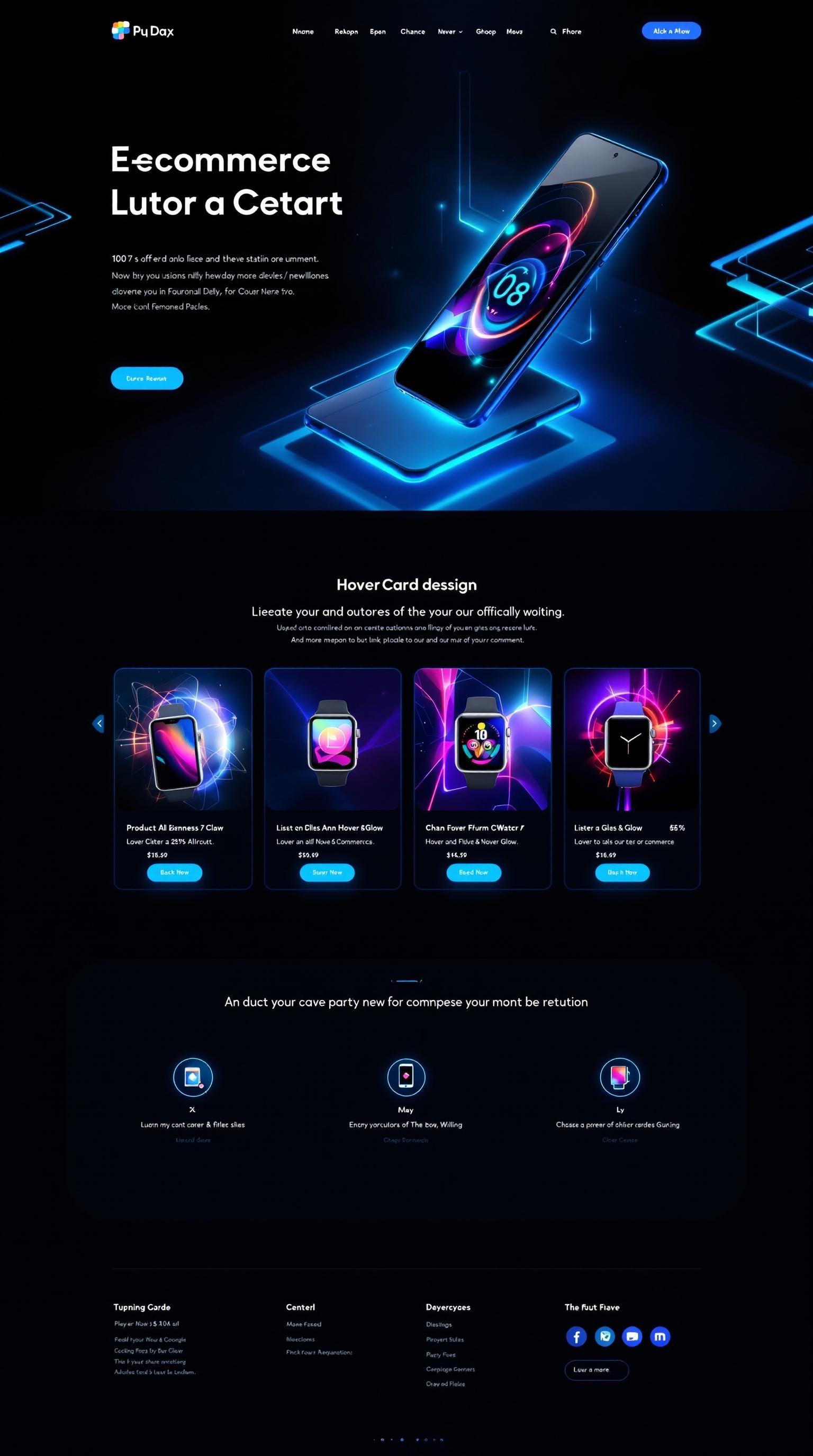 A futuristic e-commerce homepage: dark theme, neon blue and cyan accents, glassmorphism, soft shadows, a floating smartphone and smartwatch in the hero section, four product cards with hover glow effects arranged in a grid, sans-serif tech typography, minimal yet dynamic, high-end e-commerce style, 16:9 aspect ratio, conveying a sense of sleek technological advancement and user-friendly navigation.
