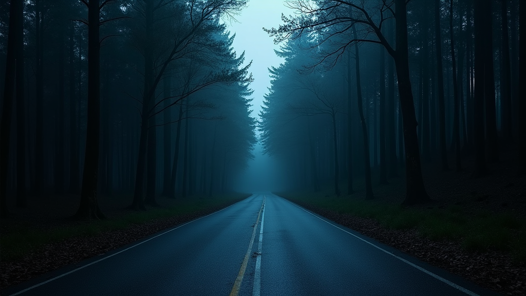 a road in a dense forest, night scene, horror scene, no lights, 120 mm lens, high resolution, ultra, HDR, ultra detailed, 4k, award winning photography, intricate detailed, high detailed texture, shot on a fujifilm gfx 50r