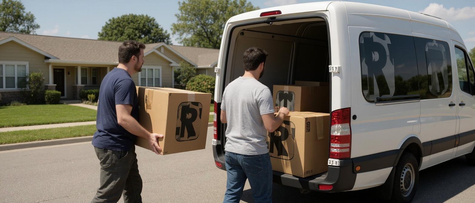 Two professional movers are loading cardboard boxes into a white moving van on a sunny day in a residential neighborhood. Each box clearly shows the attached logo on its side — centered, large enough to be easily readable, and printed in high resolution. The movers are wearing simple work clothes (T-shirt and work pants), and the boxes are neatly stacked. The scene looks realistic, with good lighting and natural colors. Use the uploaded logo as a realistic print on the side of each box.