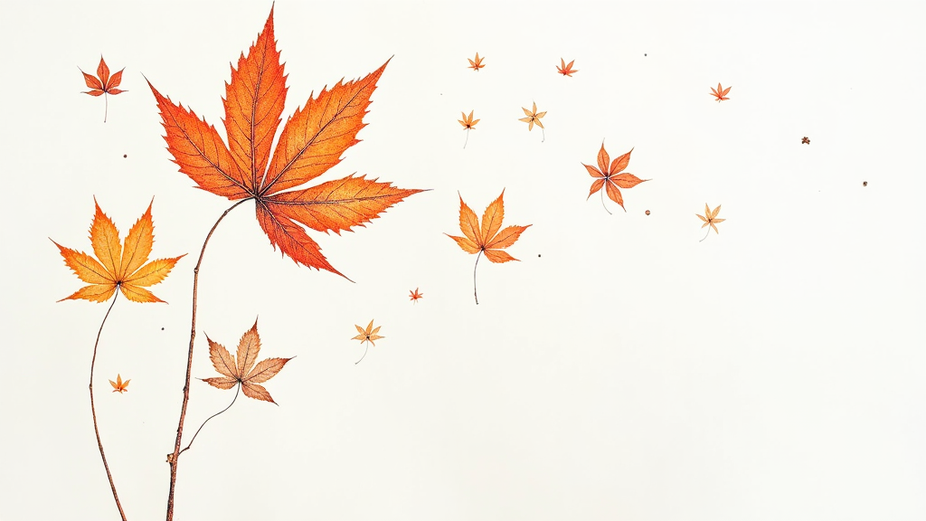 big closeup ,many automn leaves on white background, colored pencil drawing style, minimal