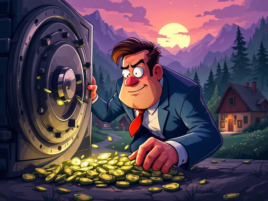A whimsical Gravity Falls-esque cartoon depicting Councilman Dale Karr, Parks and Science Committee head, secretly reaching into the city money vault, his shame hidden by shadows, skimming a little off the top, his smug expression belying the looming threat of discovery; rendered in vibrant, slightly desaturated colors, with exaggerated features and dynamic poses, reminiscent of Alex Hirsch's style, showcasing a detailed background of a normal small town in the mountains and forest, conveying a sense of an ironic calm before the storm
