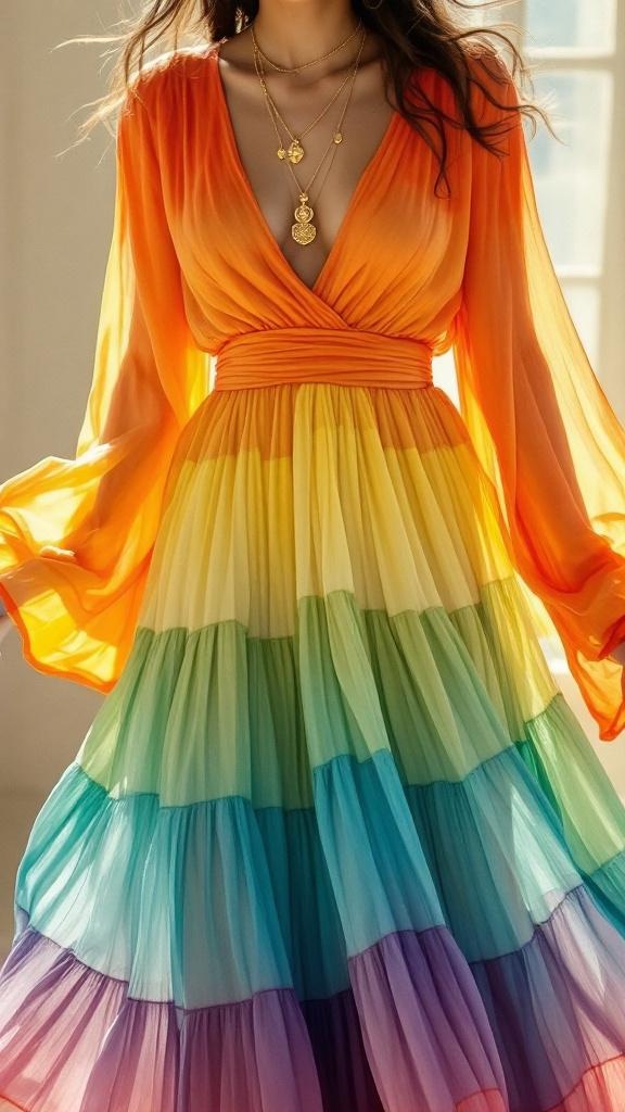 A vibrant, flowing rainbow gradient wrap dress, worn by an Indian girl, cascades in soft, tiered pleats of chiffon-like fabric;  orange-red transitions to yellow, green, and blue-purple, creating a mesmerizing effect.  Loose, wide sleeves pool around her, echoing the skirt's fluid movement.  The wrap bodice forms a delicate V-neck, showcasing intricate gold jewelry. Soft, natural light illuminates the scene, enhancing the bohemian, retro aesthetic.  The dress's layered effect and fluid lines evoke a sense of playful elegance, capturing a moment of carefree joy.
