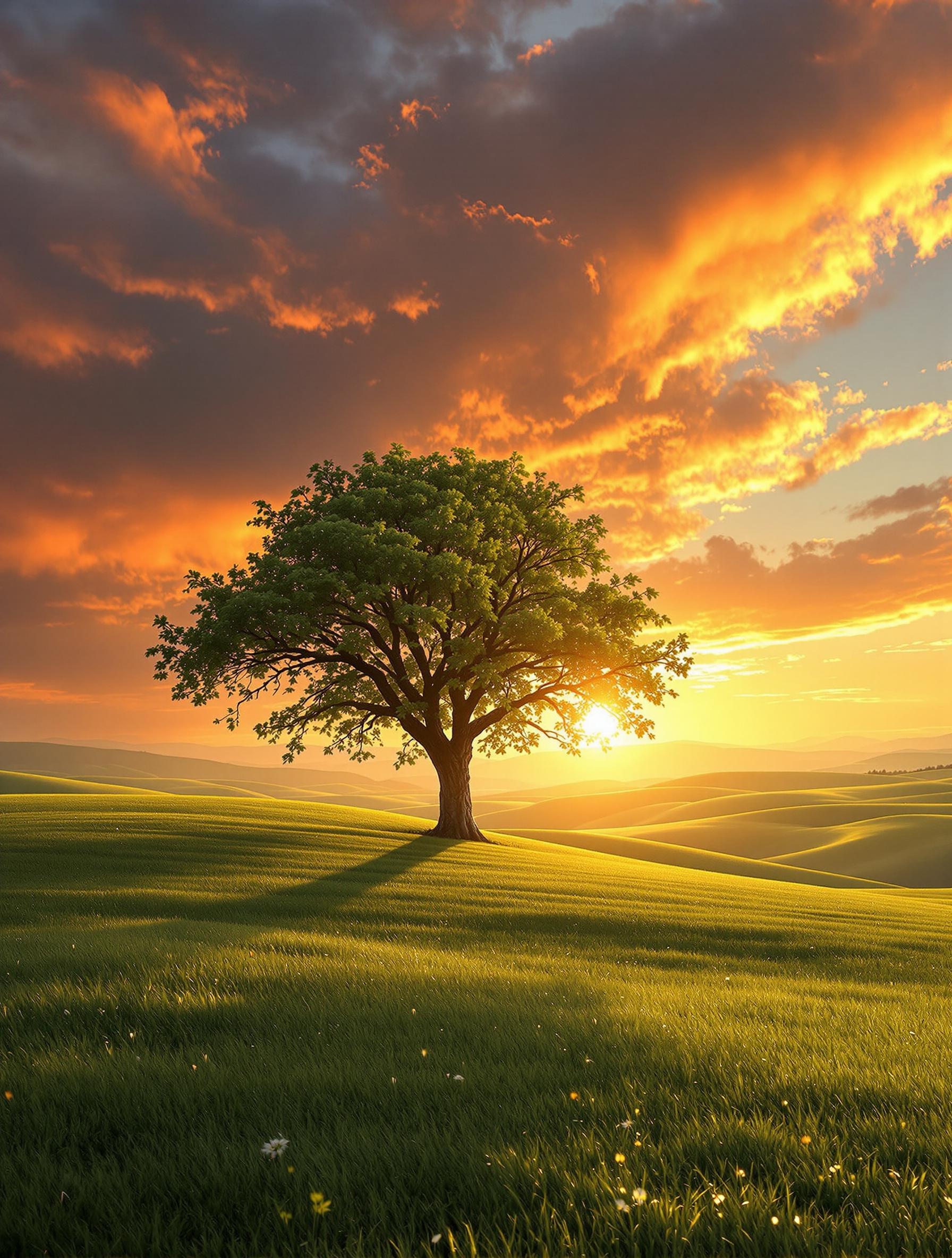 High-resolution, ultra-realistic photograph of a solitary tree standing on gently rolling green hills at sunset. A warm, golden haze fills the air, casting long shadows and glinting off the fine texture of the dew-covered grass. Sunlight scatters through the tree’s branches, creating shimmering reflections on the ground. Above, the sky is alive with dramatic, layered clouds — rich tones of crimson, deep orange, and dusky violet blend together, with glowing edges where sunlight breaks through. The interplay of light and shadow paints the hills with depth and softness, and a faint mist lingers in the valleys. The scene is calm yet powerful, reminiscent of Tuscany or the Palouse region, suspended in a fleeting, luminous moment.  
Style: Ultra-realistic, cinematic lighting, atmospheric and dramatic  
Camera: DSLR, 85mm lens, f/2.8, ISO 100, shallow depth of field  
Resolution: 4K or higher
