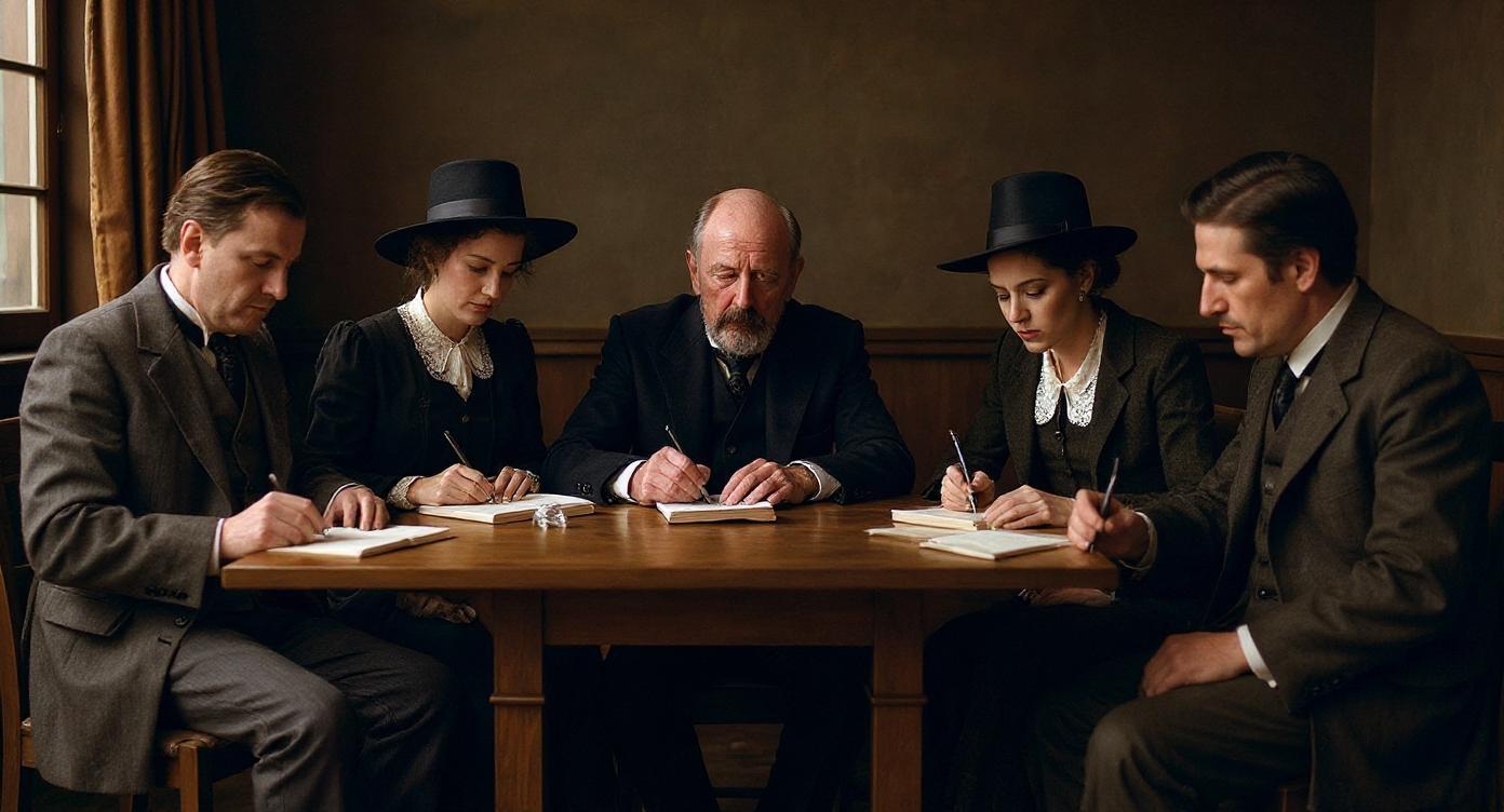 Early 1900s historical scene of Gabriele D'Annunzio seated at a wooden table with five other people, men in formal Edwardian suits, women in elegant early 20th-century dresses and hats, engaged in reading and writing. Warm indoor lighting, realistic wooden textures, fine historical details, ultra high resolution, cinematic hyperrealism, natural skin tones, subtle warm color grading, shallow depth of field, photographed with an ARRI Alexa 65, aspect ratio 16:9.

