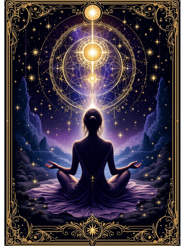 "A high-resolution, visually enchanting and mysterious illustration for the front side of a Tarot-style card. Depict a mystical woman meditating with her back turned to the viewer, sitting gracefully in a calm, otherworldly setting. The background features subtle celestial symbols, glowing sigils, faint stars, and swirling energies — all drawn in the intricate, symbolic style of traditional Tarot cards. Use rich, inviting colors like deep purples, twilight blues, soft golds, and gentle ambers — avoid black backgrounds. The overall tone should evoke a deep sense of inner strength, intuition, and serene mystery. Stylized with ornate details, decorative borders, and a magical atmosphere that draws the viewer into a world of secrets and spiritual power.”

