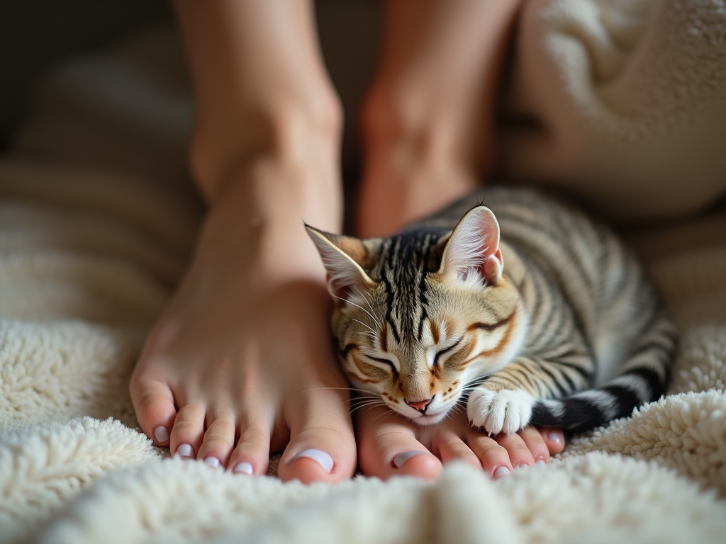 Create a realistic image of a cat sleeping peacefully between the bare feet of a standing woman. The scene should focus only on the cat and the woman's feet, showing the feet resting naturally with smooth skin and neatly groomed nails. The cat should be curled up comfortably, with soft fur and a relaxed posture. The setting should have a cozy, warm atmosphere, such as a soft rug or blanket beneath them. Use soft lighting to emphasize the serene and intimate mood. Exclude any other visible body parts or distractions.