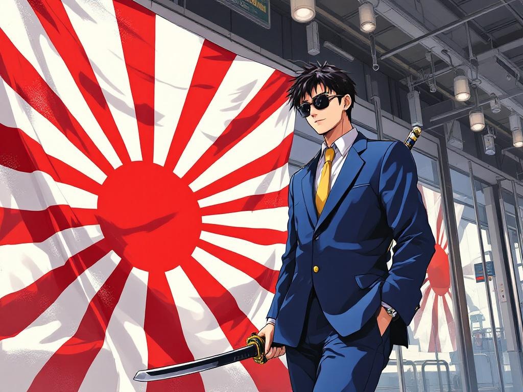 Young Japanese man in blue uniform, short hair and white shirt and yellow tie and black sunglasses walking in the train station with the rising sun flag behind him with a samurai sword at his hilt and one hand in his pocket in a semi realistic anime art style 