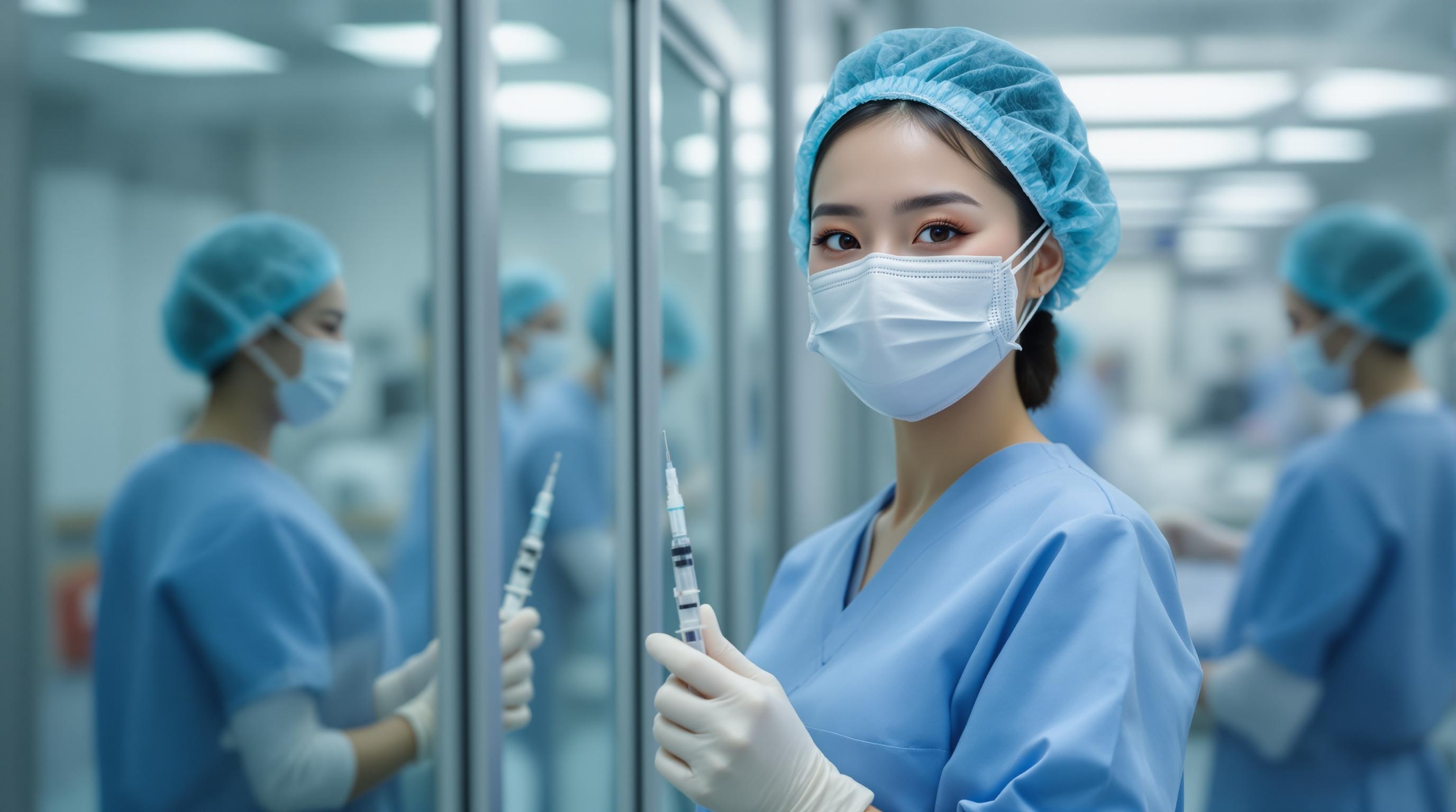 a beautiful chinese nurse, standing 3 meters away, smiles at the camera, injector in hand