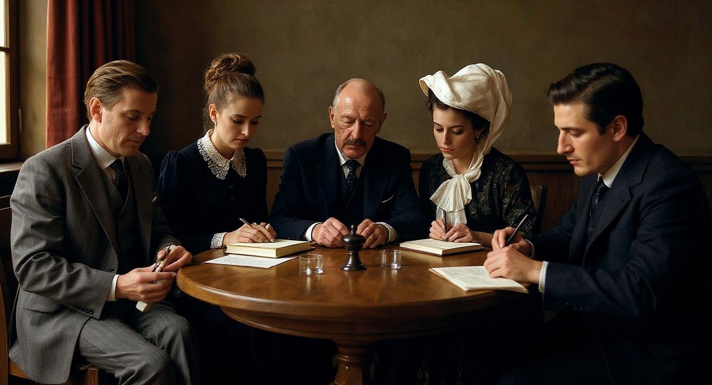 Early 1900s indoor literary meeting scene, Gabriele D'Annunzio seated at a wooden table with five other people in formal Edwardian attire. From left to right: a man in a grey suit with slicked-back hair holding a small object, a woman in an elegant black dress with a high collar and elaborate updo, Gabriele D'Annunzio in a dark suit with white shirt and tie, a woman in a dark dress with a large white headpiece reading a book, a young man leaning forward writing with a fountain pen, and another man in a dark suit also writing. The table is wooden with visible grain, holding books, papers, an inkwell with pens, and small glass cups. Warm, soft natural side lighting from an unseen window, cinematic hyperrealism, ultra high resolution, realistic skin textures, subtle warm tones, fine historical detail, shallow depth of field, photographed with an ARRI Alexa 65, aspect ratio 16:9.
