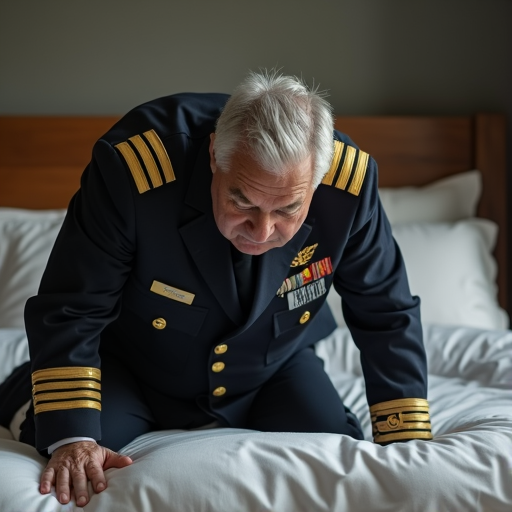 stocky aging graying Pilot man in uniform bending over on the bed thick thighs