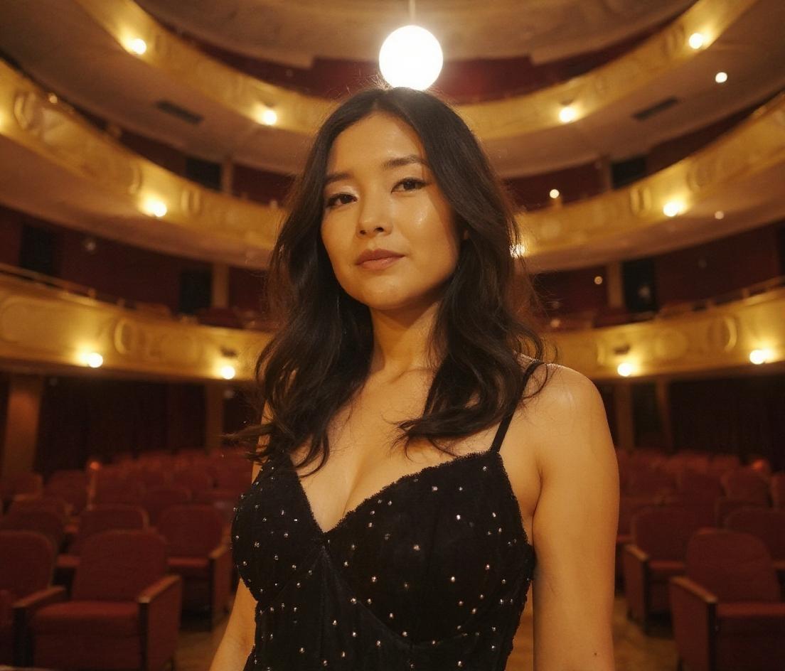 Ayudame a editar que quiere que se note que estoy en un teatro de musica quiero estar con un vestido mi cabello lacio que se note mi lunar 