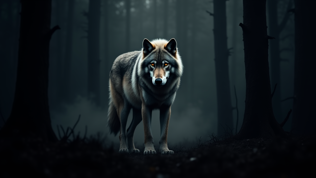 "A lone grey wolf standing in a dark forest, with a black background. The wolf has intense, piercing eyes and a thick, majestic coat. The forest is shadowy, with dark silhouettes of trees and mist surrounding the wolf. The atmosphere is mysterious and eerie, emphasizing the wolf's solitude and strength."