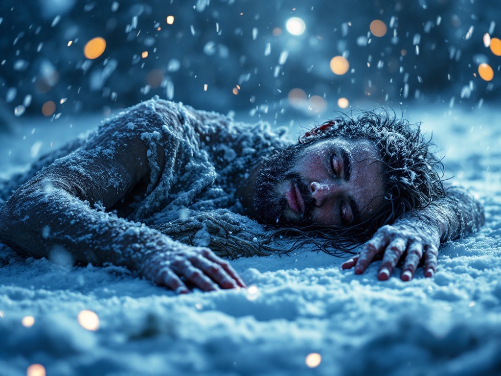 real photo Güts from berserk laying in snow , night snow falling  , highly detailed, breath taking, cinematic, detailed, , 4K, high-detail,  