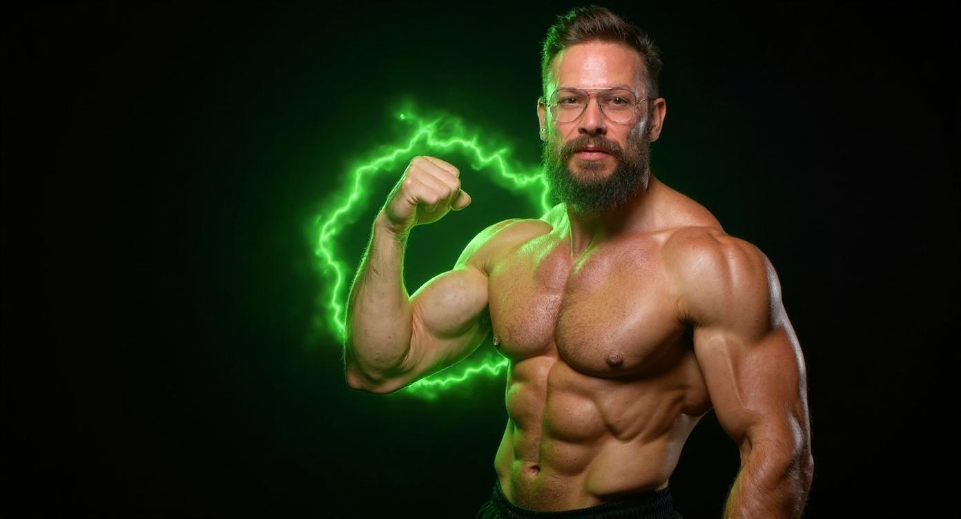 A muscular man positioned tightly in the right part of the frame, shown from the chest up, confidently flexing his bicep toward the viewer. He is shirtless, showcasing his defined physique, surrounded by a vibrant green glowing aura emanating softly from his body. The background is dark and minimalist, emphasizing the bright green light and making the man stand out prominently. The scene features sharp, high-contrast lighting that highlights his muscular definition and facial features. The composition is bold, dynamic, and designed as an eye-catching YouTube thumbnail.