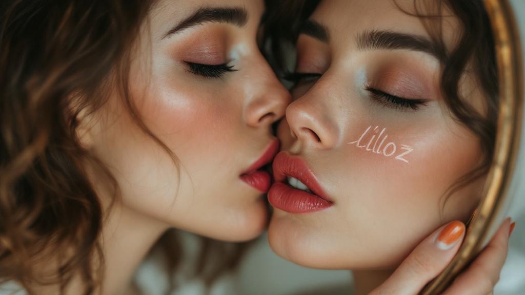 a woman kissing a mirror written on it "liloz"