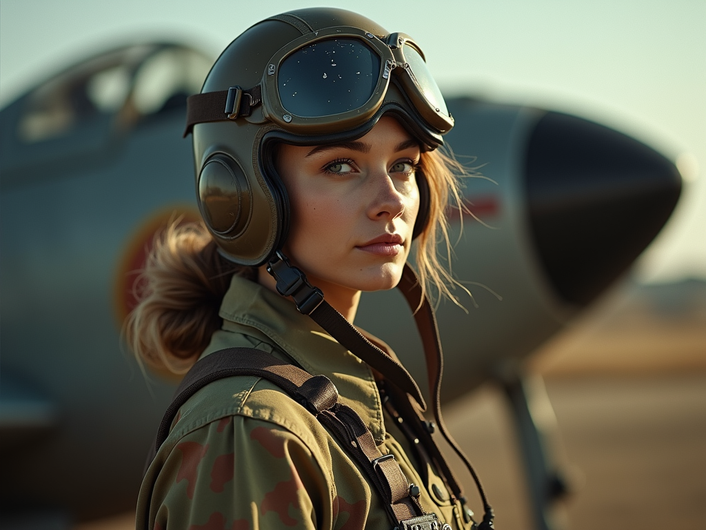 A 70s Soviet woman pilot stands confidently, her military helmet tilted slightly, revealing camouflaged fatigues in intricate earthy tones. Her piercing eyes, obscured by blacked-out welding goggles, exude mystery. The atmosphere is intense yet relaxed, with her hair elegantly styled in a bun, showcasing scratches on her helmet, hinting at past adventures. The background features a vintage aircraft, evoking a sense of historical significance, while soft sunlight filters through, casting dramatic shadows that enhance the scene's emotional depth. The overall composition balances strength and vulnerability, creating a captivating visual narrative.