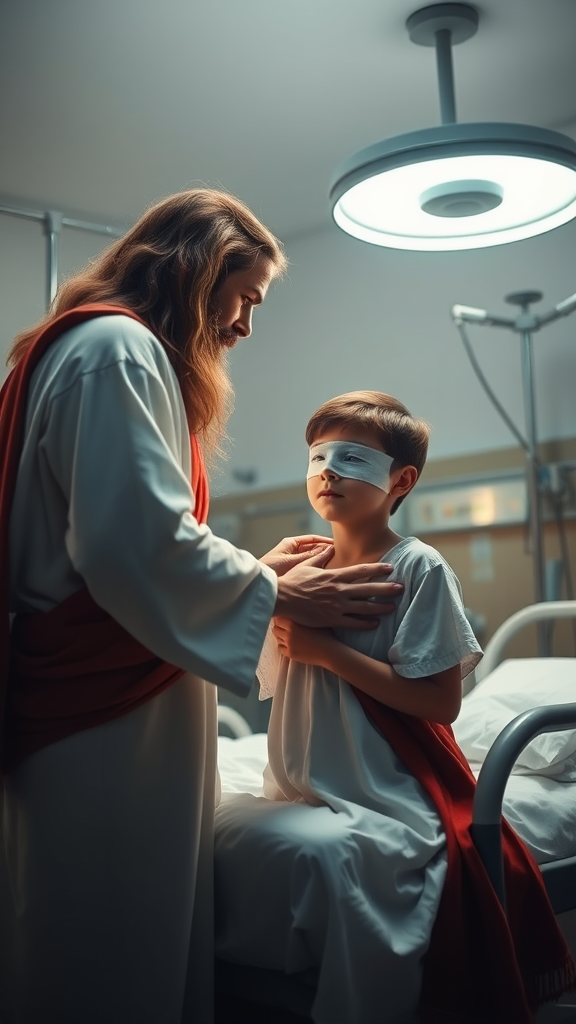 A serene hospital room with compassionate interaction. In the foreground, a figure similar to a traditional representation of Jesus, with long brown hair, a beard and wearing a flowing white tunic with a red sash, gently consoles a boy. The boy, dressed in a light hospital gown, has a bandage over his eyes, suggesting recovery or care. The figure leans towards the child, placing a hand on his shoulder. The background includes typical hospital elements: a modern hospital bed, an IV pole, and a circular surgical light mounted on the ceiling, casting a bright but soft glow. The scene evokes warmth, hope and healing in a clinical yet spiritual setting.
