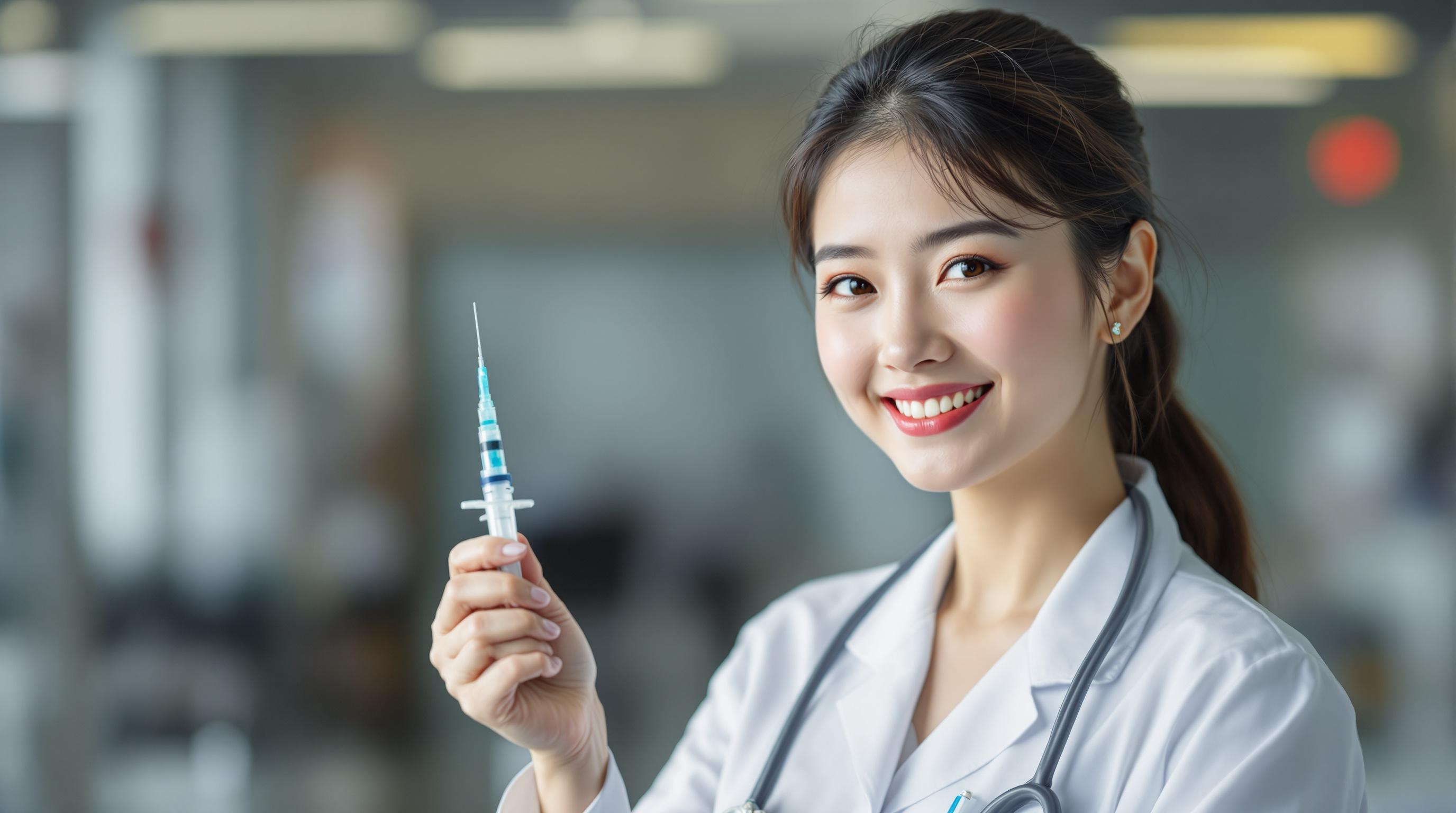 a beautiful chinese nurse, standing 3 meters away, smiles at the camera, holding injector in hand