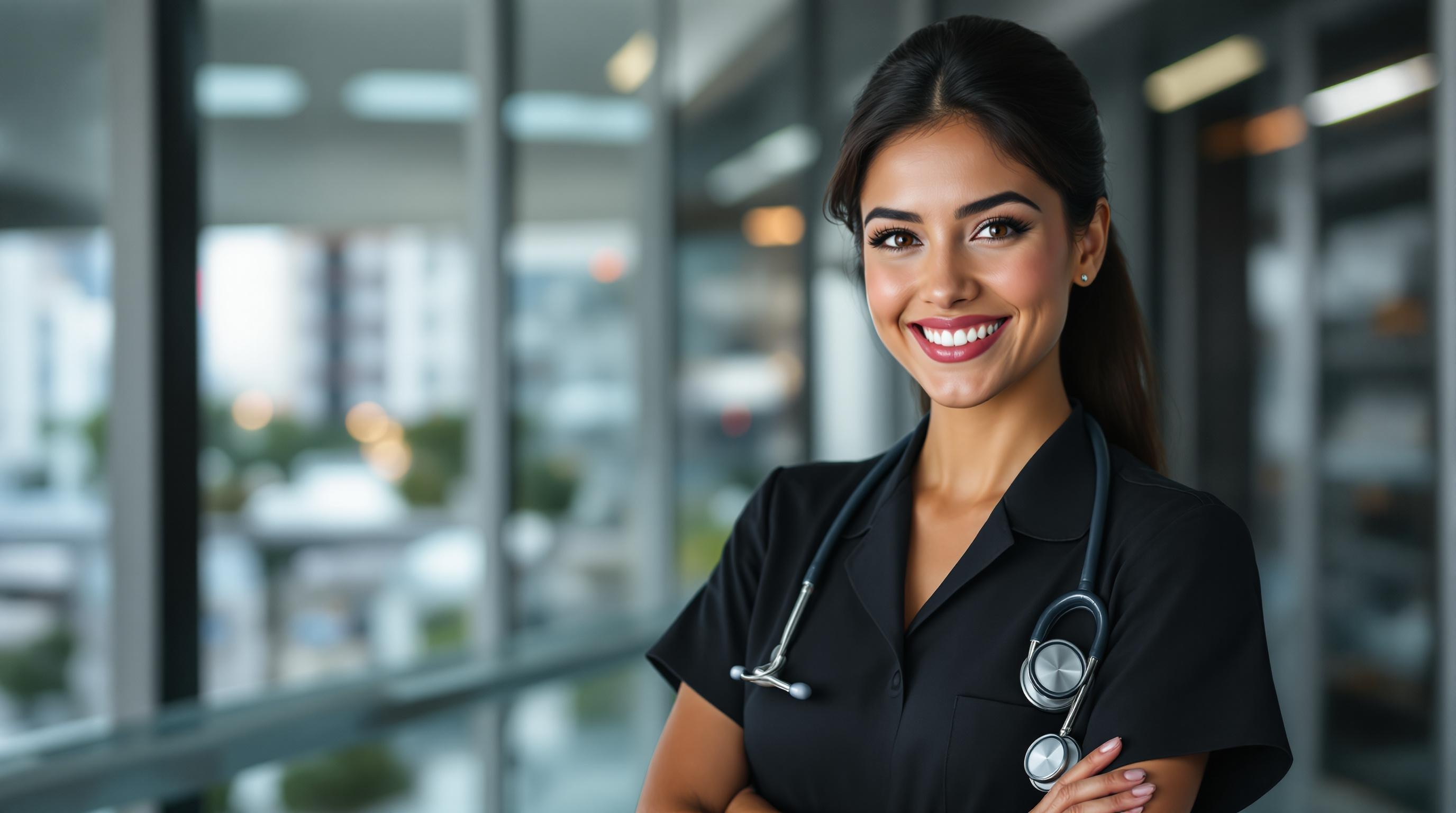 Professional cover photo, cinematic style: A nursing student wearing a sophisticated and modern black uniform, with a stethoscope. She is Brazilian, has a cheerful expression, looking directly at the camera with confidence. In the background, a disruptive university campus, reminiscent of an American university hospital, is slightly out of focus. The image should evoke disruption and modernity, making it a powerful and inspiring cover for a guide on advanced study techniques for public exams.

