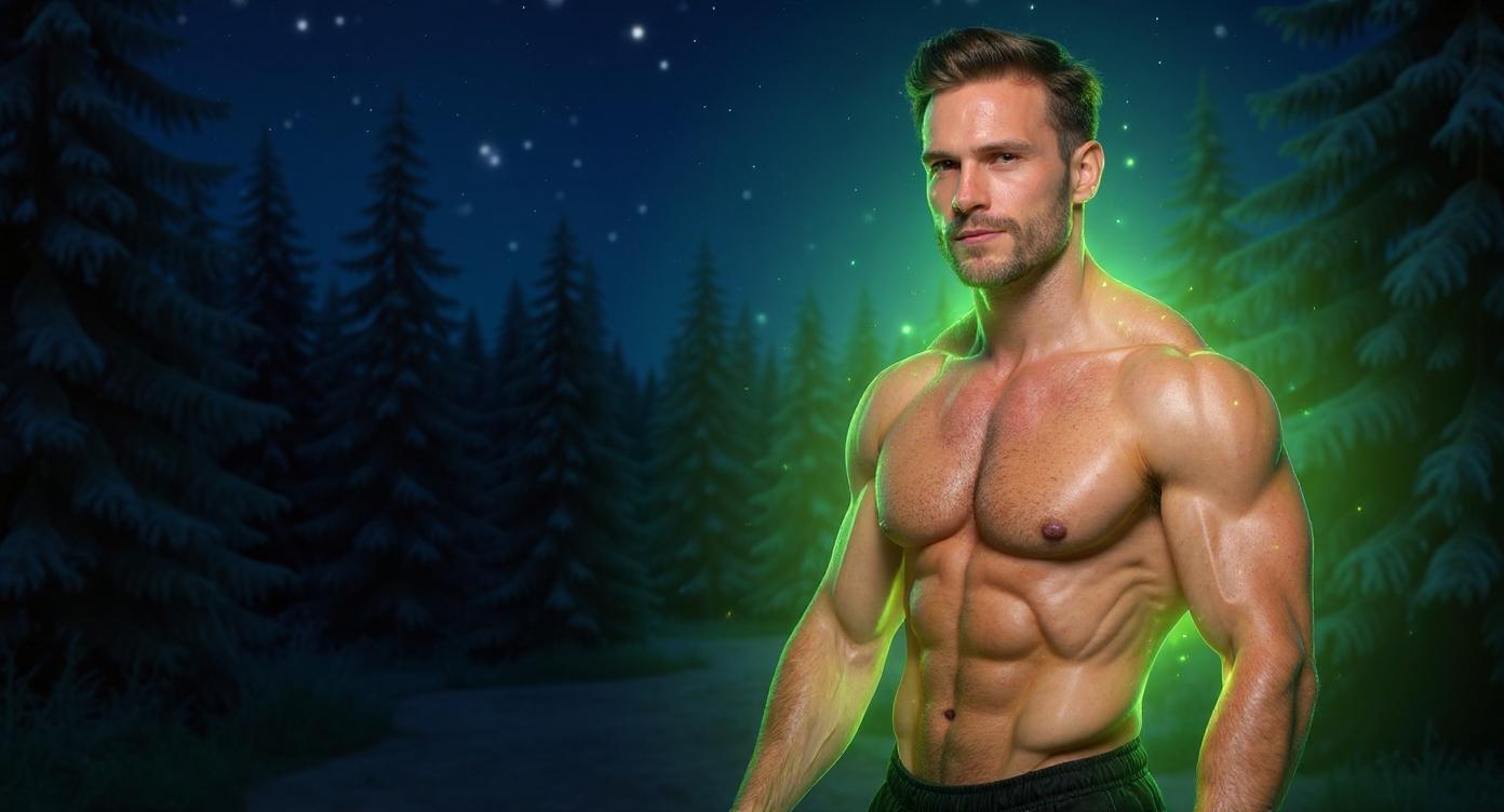 A fit, lean man positioned tightly in the right part of the frame, shown from the chest up, shirtless and confidently flexing his bicep with his arm slightly lowered for a natural, relaxed pose. He is surrounded by a vibrant green glowing aura softly emanating from his body. The background depicts a serene summer night forest filled with blue fir trees under a starry sky, creating a peaceful and mystical atmosphere. The dark, natural setting contrasts beautifully with the bright green aura around the man. The scene features sharp, high-contrast lighting that highlights his muscle tone and facial features. The composition is bold, dynamic, and designed as an eye-catching YouTube thumbnail.