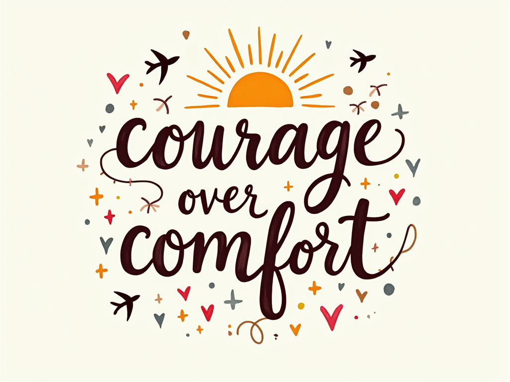 Create a hand-drawn typographic design featuring the phrase "courage over comfort." The letters should intertwine with flowing lines, surrounded by soft, pastel colors. Incorporate elements like a rising sun and birds in flight, evoking a sense of hope and determination.