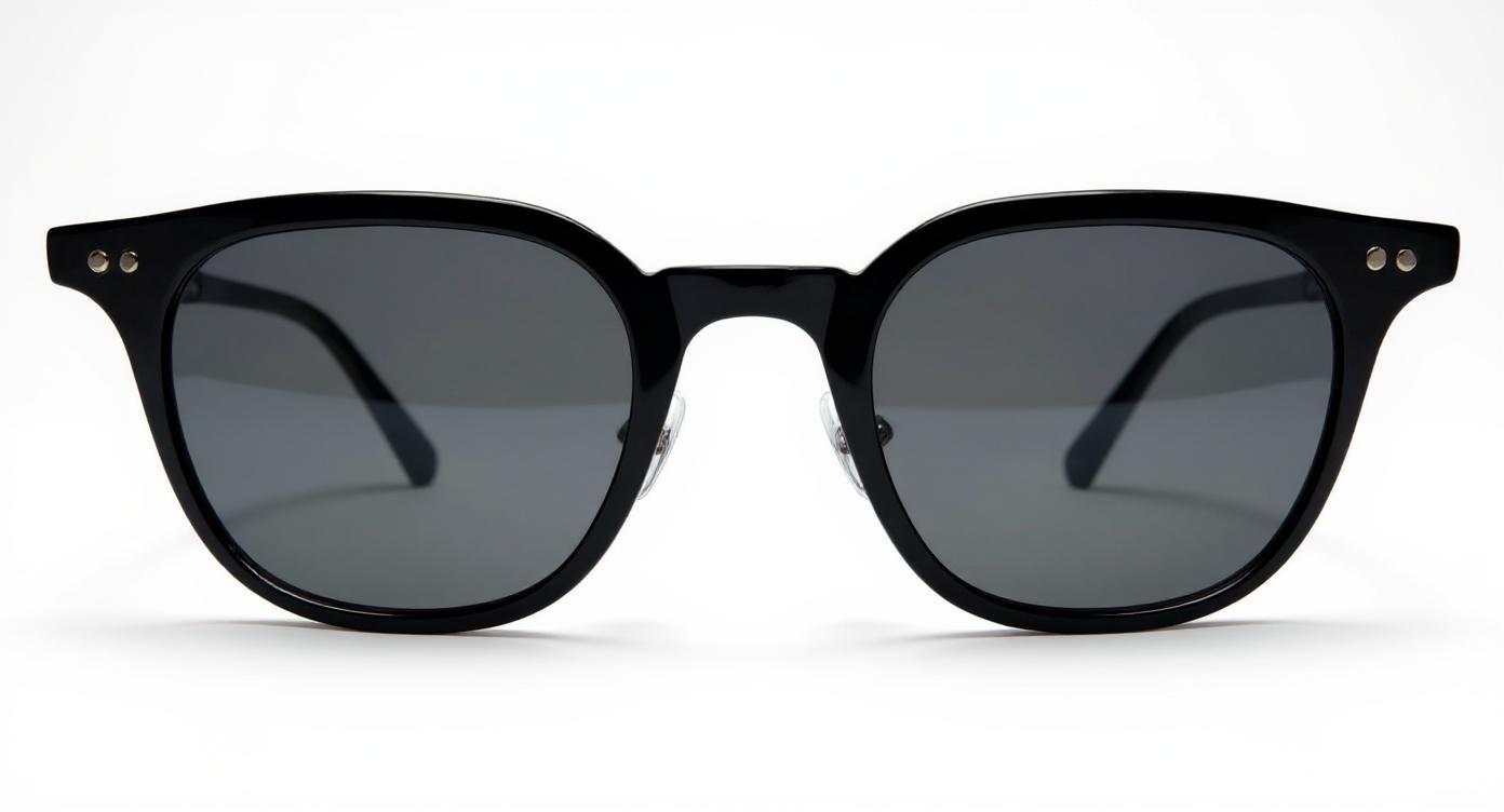 nhance this image of sunglasses to look like a high-end product photo for an e-commerce website.

Use a clean white background with soft, natural-looking shadows.

Make the lenses appear glossy and polarized, reducing glare or imperfections.

Improve clarity, sharpness, and lighting to create a premium studio-style aesthetic.

Highlight the frame details, including textures and contrast between materials.

Do not change or regenerate the design. Only enhance the original image.

Preserve all original features, including the metallic rivets, nose bridge structure, and the visible temples and arms of the frame.

No artistic reinterpretation—this must remain a realistic product photo.