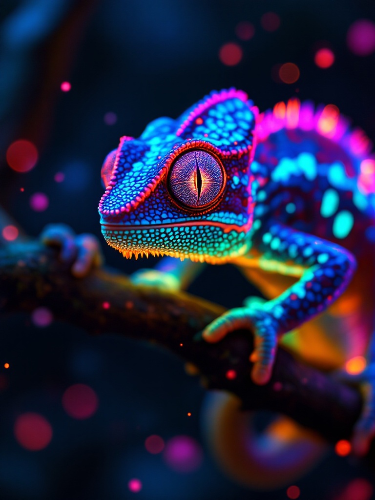 A hyper-realistic, cinematic macro portrait of a bioluminescent chameleon clinging to a glowing alien branch. Its textured skin is covered in vibrant, shifting neon patterns—radiant greens, deep blues, glowing oranges, hot pinks, ultraviolet purples, and electric yellows—changing and flowing like liquid light. Each scale glows softly with inner bioluminescence, revealing stunning micro-detail and natural iridescence. The chameleon's eyes rotate independently, glowing like molten orbs with intricate reflections. Its curled tail and limbs grip the branch with precision, casting faint neon reflections onto the surface. The background is completely dark with subtle bokeh and glowing particles floating in the atmosphere. Dramatic lighting creates strong contrast, emphasizing the surreal glow and 3D texture of the chameleon’s body. Rendered in ultra-HD 8K, photorealistic, with cinematic color grading, shallow depth of field, and atmospheric volumetric lighting.