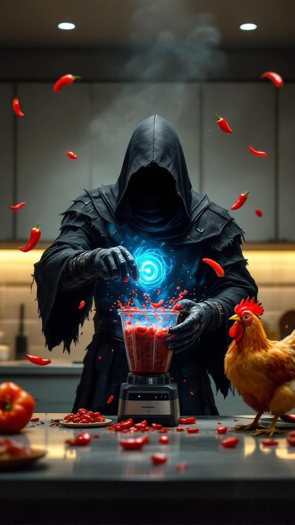 Create a hyper-realistic cinematic scene of a dark, hooded sorcerer standing inside a modern kitchen. His black armored robes flow with tattered edges, and his glowing blue vortex-like chest core illuminates the room with an eerie light. He is dramatically throwing bright red chili peppers into a blender, preparing to make salsa. One mischievous pepper is animated, trying to jump across the counter while screaming in panic. On the opposite side of the counter, a chicken stands proudly on its claws, holding a red pepper in its beak and bringing it toward the blender. The kitchen should feel both modern and surreal, with overhead lights casting warm reflections on polished counters, and the mystical glow of the sorcerer contrasting against the everyday kitchen appliances. Add a sense of chaotic comedy with peppers mid-air, the blender lid half-open, and motion frozen in an epic moment.