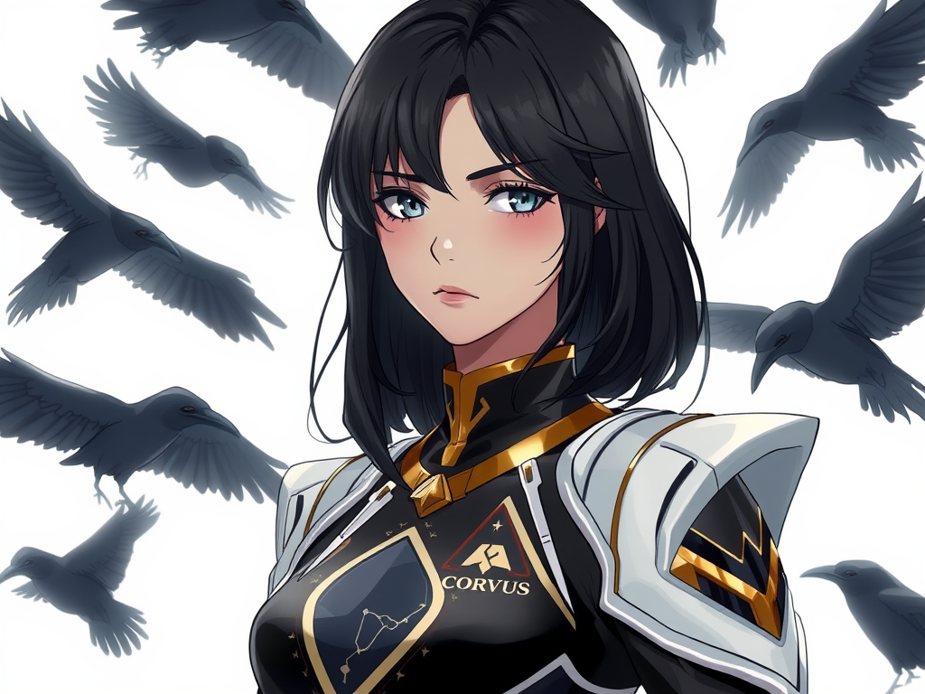 Éloise is a tall, slender woman with dark hair that falls in soft waves to her shoulders, reflecting a soft glow in the light. Her eyes are a deep, almost silvery gray, like the sky before a storm. Her skin is pale, with a soft olive tone, and she carries an air of mystery that seems to intensify when she is surrounded by ravens. When she transforms into the Corvus Warrior, her eyes glow with new energy, and she adopts an upright, confident posture, with an aura of tranquility and supernatural power.
Now she is wearing a power ranger outfit, in Black with shimmering gold accents, with white shoulder pads, symbol of the constellation of Corvus on the chest and without a helmet. 
White background. Anime. CLAMP style